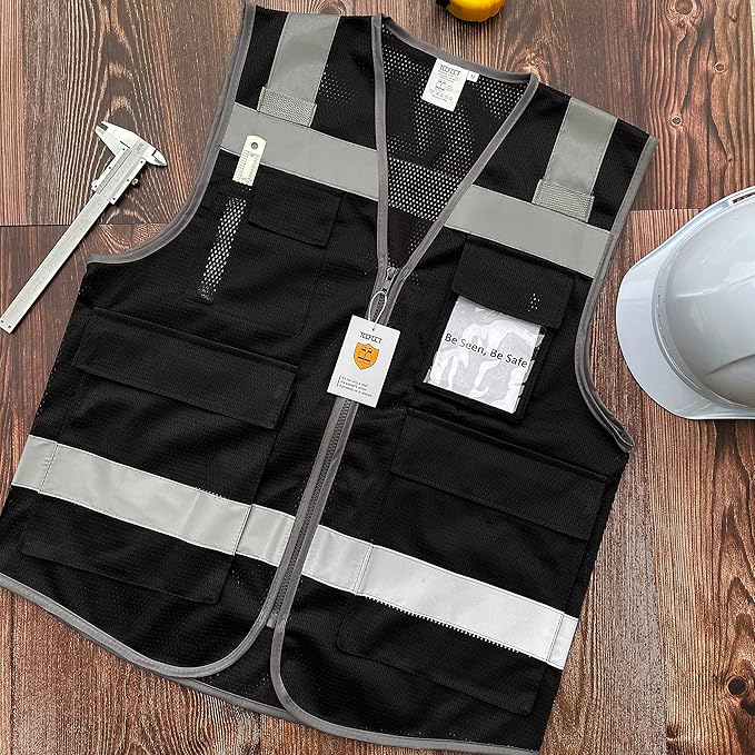 TCCFCCT Mesh Safety Vest - High Visibility, 5 Pockets, Reflective Work Vest for Men & Women; Meets ANSI/ISEA Standards - Black, XL