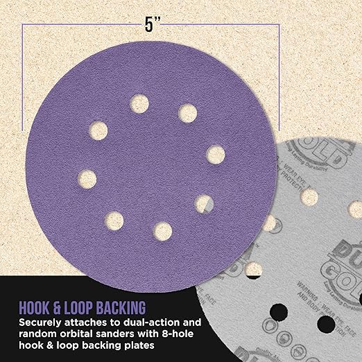 Dura-Gold Premium 100 Grit 5" Purple Film Ceramic Sanding Discs, 8-Hole Pattern, Box of 50 - Dustless Hook & Loop Backing Sandpaper for DA & Random Orbital Sanders - Sand Auto Paint, Wood, Woodworking