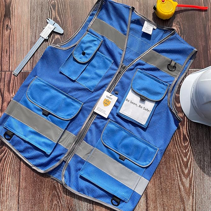 TCCFCCT Mesh Blue Safety Vest for Men Women 9 Pockets High Visibility Reflective Vest for Safety, Work Vest with Reflective Strips, Meets ANSI/ISEA Standards, Large