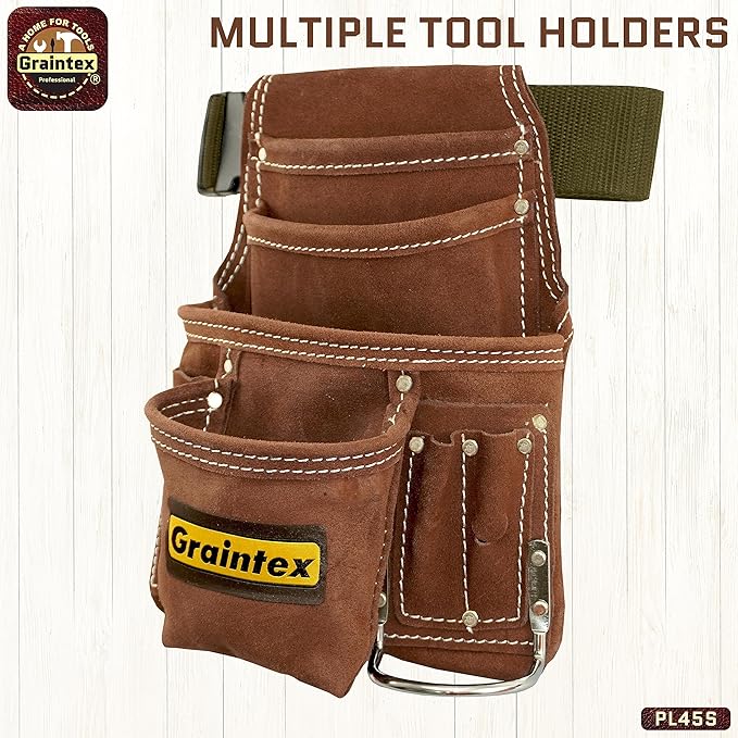 Graintex PL45S 10 Pocket Nail and Tool Pouch Suede Leather with 2" Webbing Belt
